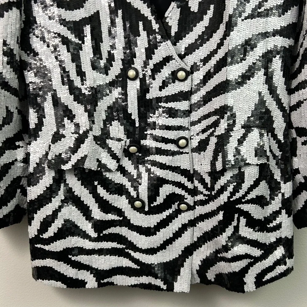Vintage French Collizioni Zebra Silk  Sequin Double Breasted Blazer Womens Large